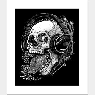 Skull Giving Raspberry With Music Headphones BW Posters and Art